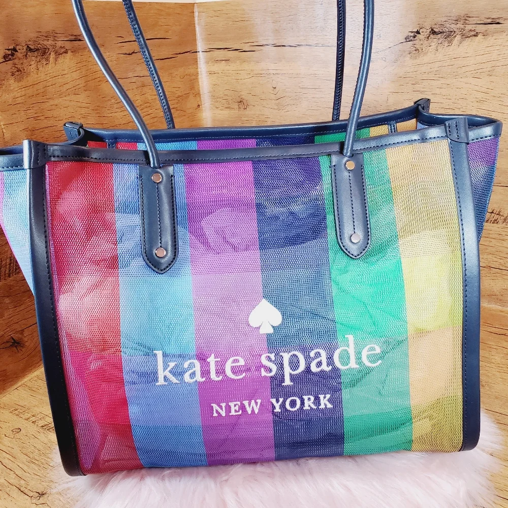 Kate spade xl pride collection tote multi color blue yellow green rainbow mesh